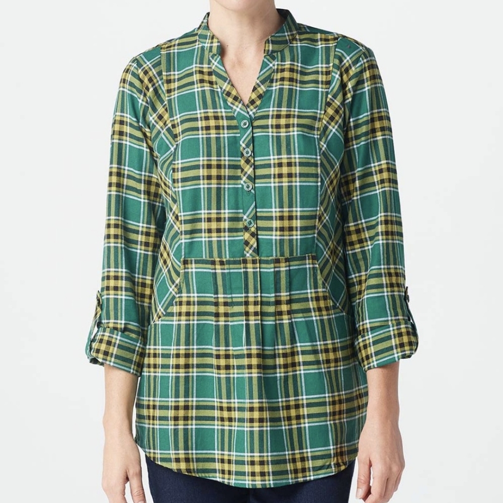 Joan Rivers Long Sleeve Plaid Popover Top Bouse NWOT Womens 8 Medium Green Bay